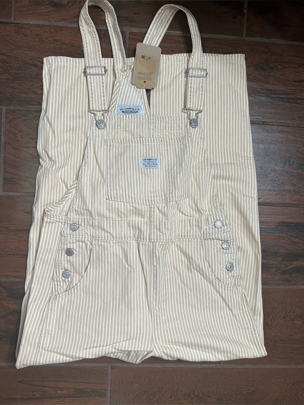 Levi’s Cream Yellow Pin Stripe Denim Straight Leg Jeans Overalls Women’s Small - Picture 2 of 6